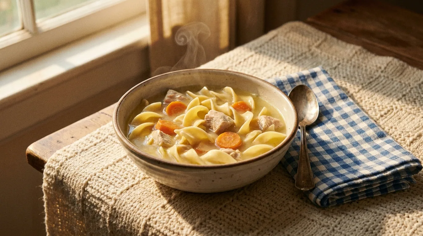 A bowl of homemade chicken noodle soup with wide egg noodles, poached chicken, and bright carrot coins. The canonical Reames use case — Midwestern comfort food in a single bowl