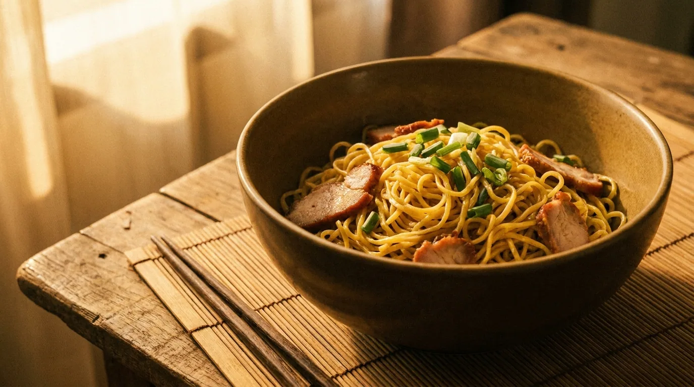 Chinese lo mein in a deep ceramic bowl — glossy yellow egg noodles tossed with scallions and char siu. The use case for the Hakubaku organic Chinese egg noodle