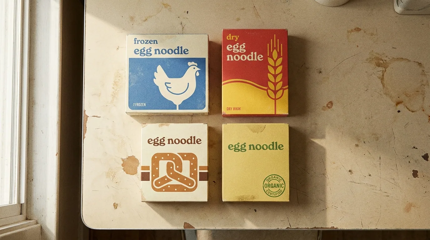 Four distinct egg noodle product packages arranged in a 2x2 grid on a vintage formica counter — Reames frozen, Pennsylvania Dutch dry, No Yolks, and Hakubaku organic Chinese. The full US egg-noodle shelf in one frame